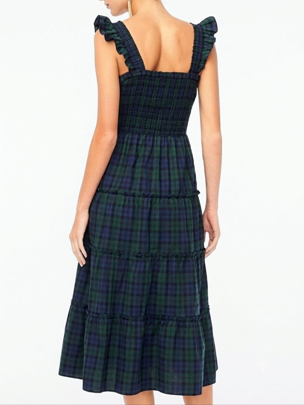 J.Crew Black Watch Tartan Tiered Sleeveless Midi Dress | Size XS | Green Navy - Picture 2 of 10